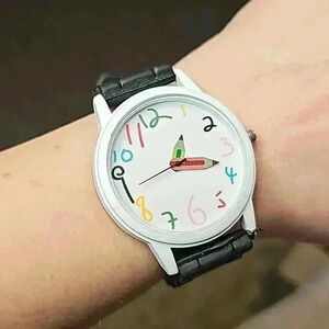 Unisex Black Soft Silicone Watch Band w/ White Case, Colored Pencil Themed Watch